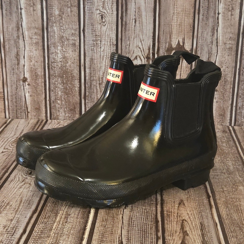 Sz 7 Womens Hunter Original Gloss Chelsea Boots Black Waterproof Rain Worn 1X!